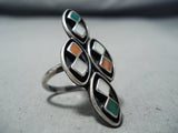 Exceptional Vintage Native American Navajo Turquoise, Coral, Mop Sterling Silver Ring Old-Nativo Arts