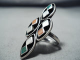 Exceptional Vintage Native American Navajo Turquoise, Coral, Mop Sterling Silver Ring Old-Nativo Arts