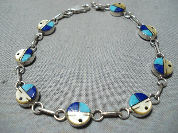 Exceptional Vintage Native American Zuni Inlay Turquoise Lapis Sunfaces Sterling Silver Bracelet-Nativo Arts