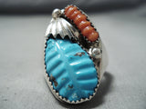 Exceptional Zuni Turquoise Coral Sterling Silver Ring Native American-Nativo Arts