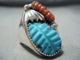 Exceptional Zuni Turquoise Coral Sterling Silver Ring Native American-Nativo Arts