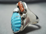 Exceptional Zuni Turquoise Coral Sterling Silver Ring Native American-Nativo Arts