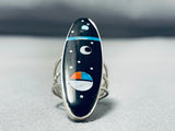 Expressive Native American Navajo Jet Inlay Sterling Silver Ring Signed-Nativo Arts
