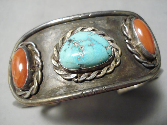 Expressive Vintage Native American Navajo Coral Carico Lake Turquoise Sterling Silver Bracelet Old-Nativo Arts