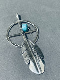 Exquisite Native American Navajo Signed Kingman Turquoise Sterling Silver Pendant-Nativo Arts