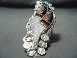 Exquisite Native American Zuni Inlay Textured Turquoise Coral Sterling Silver Feather Ring-Nativo Arts