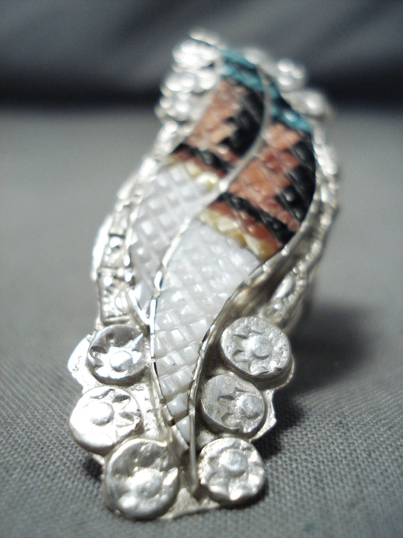 Exquisite Native American Zuni Inlay Textured Turquoise Coral Sterling Silver Feather Ring-Nativo Arts