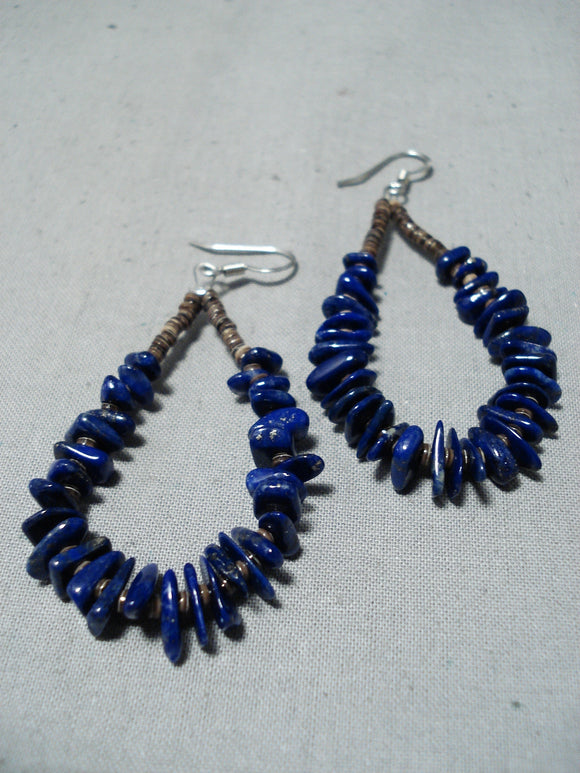 Exquisite Navajo Native American Lapis Heishi Sterling Silver Earrings-Nativo Arts