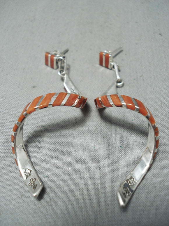 Exquisite Signed Native American Zuni Coral Inlay Sterling Silver Spiral Earrings-Nativo Arts