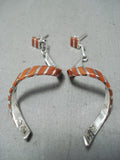 Exquisite Signed Native American Zuni Coral Inlay Sterling Silver Spiral Earrings-Nativo Arts