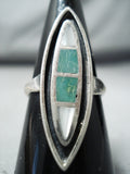 Exquisite Vintage Native American Navajo Green Turquoise Mother Of Pearl Sterling Silver Ring-Nativo Arts