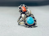 Exquisite Vintage Native American Navajo Kingman Turquoise Coral Sterling Silver Ring-Nativo Arts