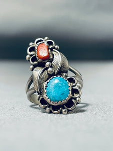 Exquisite Vintage Native American Navajo Kingman Turquoise Coral Sterling Silver Ring-Nativo Arts