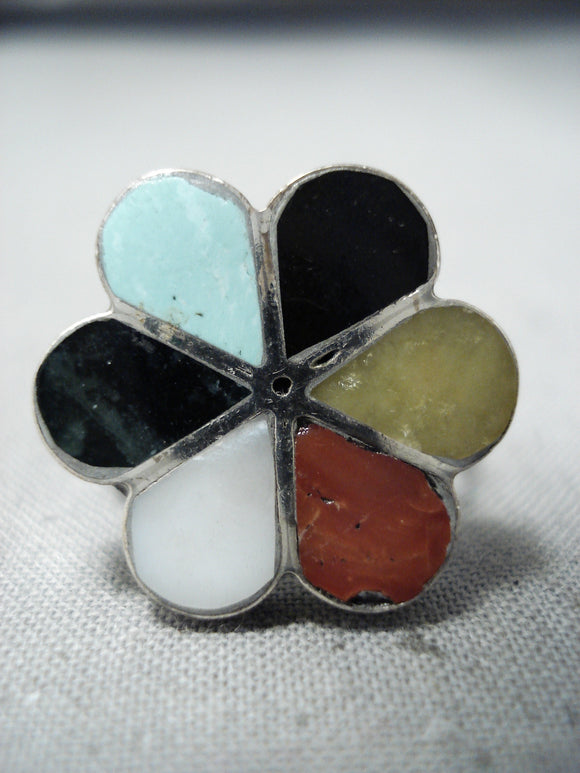 Exquisite Vintage Native American Zuni Inlay Turquoise Coral Sterling Silver Ring Old-Nativo Arts