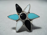 Exquisite Vintage Native American Zuni Inlay Turquoise Jet Sterling Silver Flower Ring-Nativo Arts