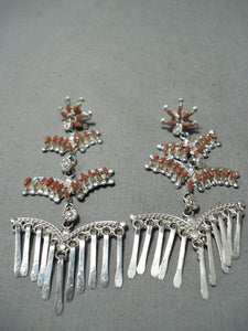Exquisite Zuni Coral Sterling Silver Chandelier Earrings Native American-Nativo Arts