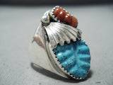 Exquisite Zuni Turquoise Coral Sterling Silver Ring Native American-Nativo Arts