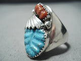 Exquisite Zuni Turquoise Coral Sterling Silver Ring Native American-Nativo Arts