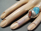 Exquisite Zuni Turquoise Coral Sterling Silver Ring Native American-Nativo Arts