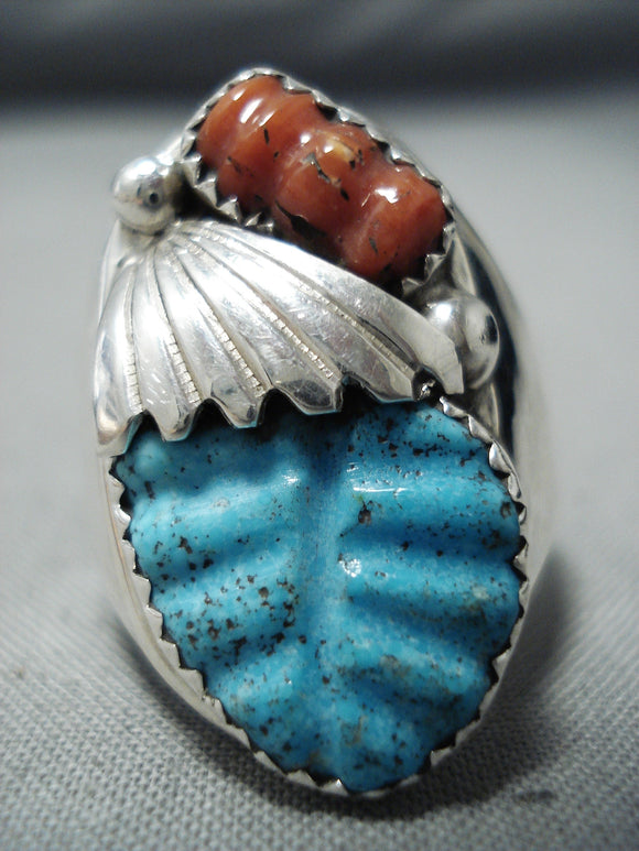 Exquisite Zuni Turquoise Coral Sterling Silver Ring Native American-Nativo Arts