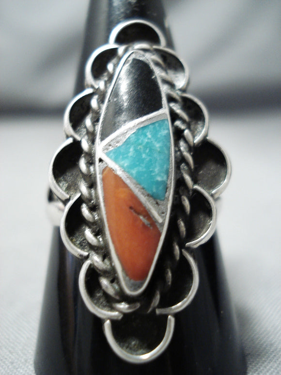Extraordinary Vintage Native American Navajo Turquoise Coral Jet Inlay Sterling Silver Ring Old-Nativo Arts