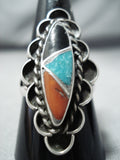 Extraordinary Vintage Native American Navajo Turquoise Coral Jet Inlay Sterling Silver Ring Old-Nativo Arts