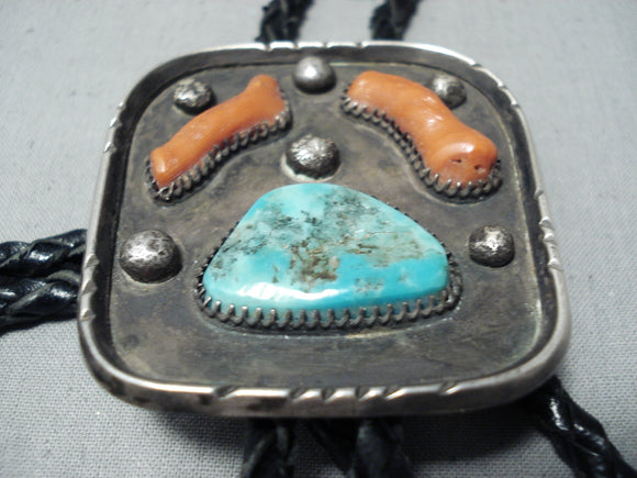 Extraordinary Vintage Native American Navajo Turquoise Coral Sterling Silver Bolo-Nativo Arts