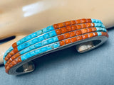 Extreme Intricacy Vintage Native American Zuni Turquoise Coral Sterling Silver Bracelet-Nativo Arts