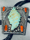 Extremely Detailed Hand Carved Vintage Native American Navajo Turquoise Sterling Silver Bolo Tie-Nativo Arts