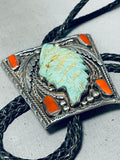 Extremely Detailed Hand Carved Vintage Native American Navajo Turquoise Sterling Silver Bolo Tie-Nativo Arts