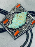 Extremely Detailed Hand Carved Vintage Native American Navajo Turquoise Sterling Silver Bolo Tie-Nativo Arts