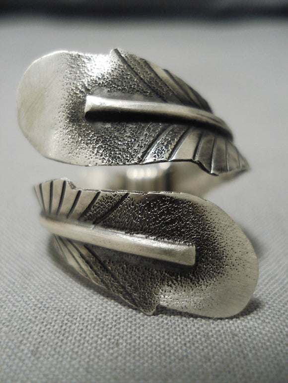 Extremely Detailed!! Vintage Native American Navajo Hand Stamped Feather Sterling Silver Ring-Nativo Arts