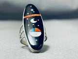Eye-catching Native American Navajo Jet Inlay Sterling Silver Ring Signed-Nativo Arts