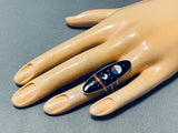 Eye-catching Native American Navajo Jet Inlay Sterling Silver Ring Signed-Nativo Arts