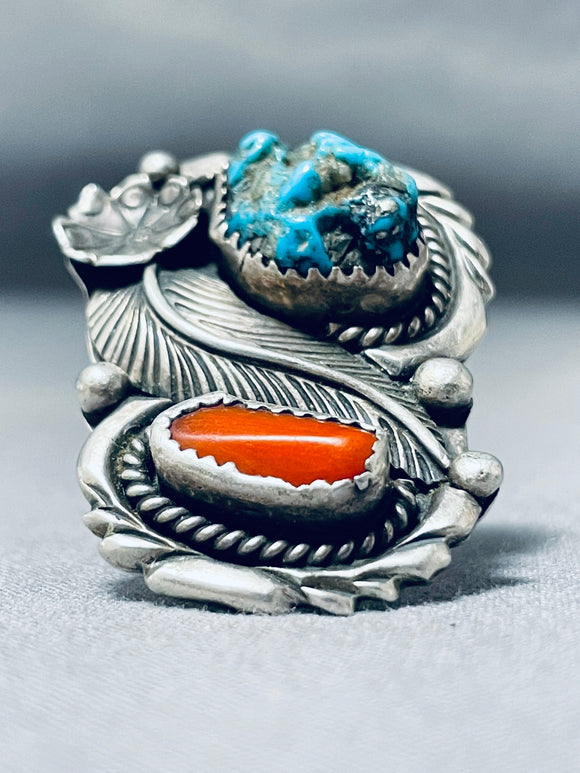 Eye-catching Vintage Native American Navajo Turquoise Coral Sterling Silver Ring-Nativo Arts