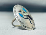 Eye-catching Vintage Native American Zuni Sleeping Beauty Turquoise Inlay Bird Ring-Nativo Arts