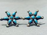 Eyecatching Vintage Native American Zuni Sleeping Beauty Turquoise Sterling Silver Star Earrings-Nativo Arts