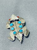 Fabulous Native American Navajo Signed Turquoise Coral Sterling Silver Toad Pin Pendant-Nativo Arts
