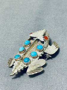 Fabulous Native American Navajo Signed Turquoise Coral Sterling Silver Toad Pin Pendant-Nativo Arts