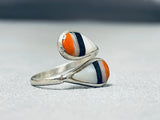 Fabulous Native American Zuni Coral Jet Mother Of Pearl Sterling Silver Teardrops Ring-Nativo Arts