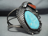 Fabulous Vintage Native American Navajo Blue Gem Turquoise Coral Sterling Silver Bracelet-Nativo Arts