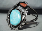 Fabulous Vintage Native American Navajo Blue Gem Turquoise Coral Sterling Silver Bracelet-Nativo Arts