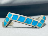 Fabulous Vintage Native American Navajo Kingman Turquoise Inlay Sterling Silver Bracelet-Nativo Arts