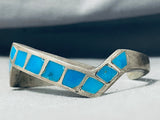 Fabulous Vintage Native American Navajo Kingman Turquoise Inlay Sterling Silver Bracelet-Nativo Arts