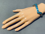Fabulous Vintage Native American Navajo Kingman Turquoise Inlay Sterling Silver Bracelet-Nativo Arts