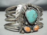 Fabulous Vintage Native American Navajo Turquoise Horse Shoe Sterling Silver Coral Bracelet-Nativo Arts