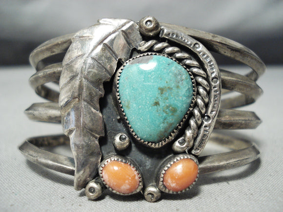 Fabulous Vintage Native American Navajo Turquoise Horse Shoe Sterling Silver Coral Bracelet-Nativo Arts