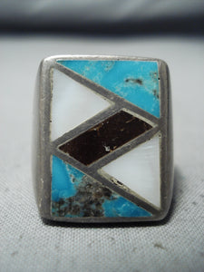 Fabulous Vintage Navajo Native American Turquoise Inlay Sterling Silver Ring Old-Nativo Arts
