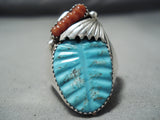 Fabulous Zuni Turquoise Coral Sterling Silver Ring Native American-Nativo Arts