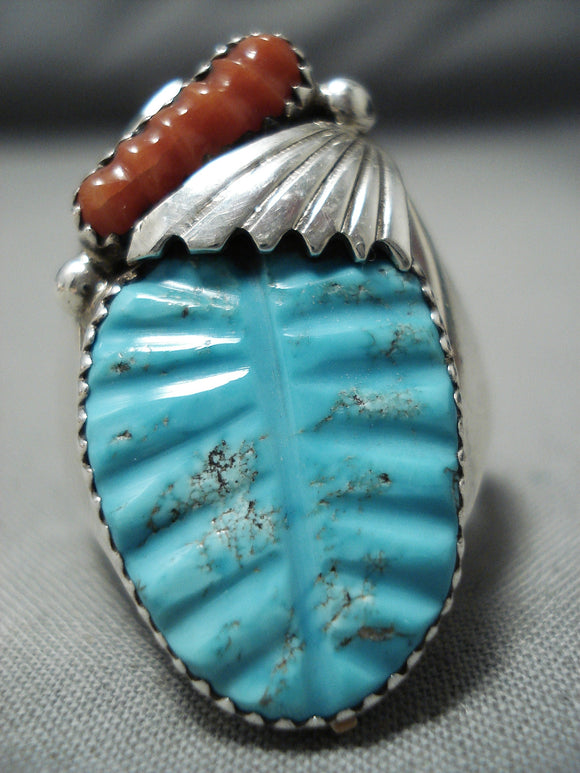 Fabulous Zuni Turquoise Coral Sterling Silver Ring Native American-Nativo Arts